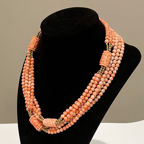 Vintage Angel Skin Coral 14K Gold Carved Shou Bead Triple Strand Necklace - Picture 4 of 12